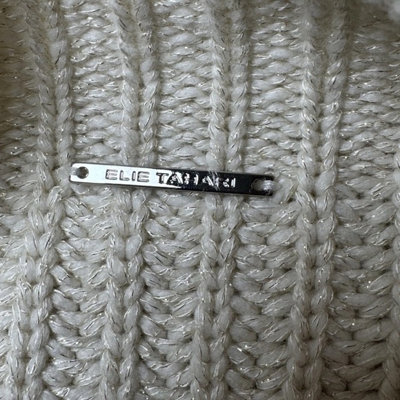 Elie Tahari Shimmer Cream Ribbed Mock Neck Sweater *Large Chunky Knit Wool Blend - Picture 5 of 6